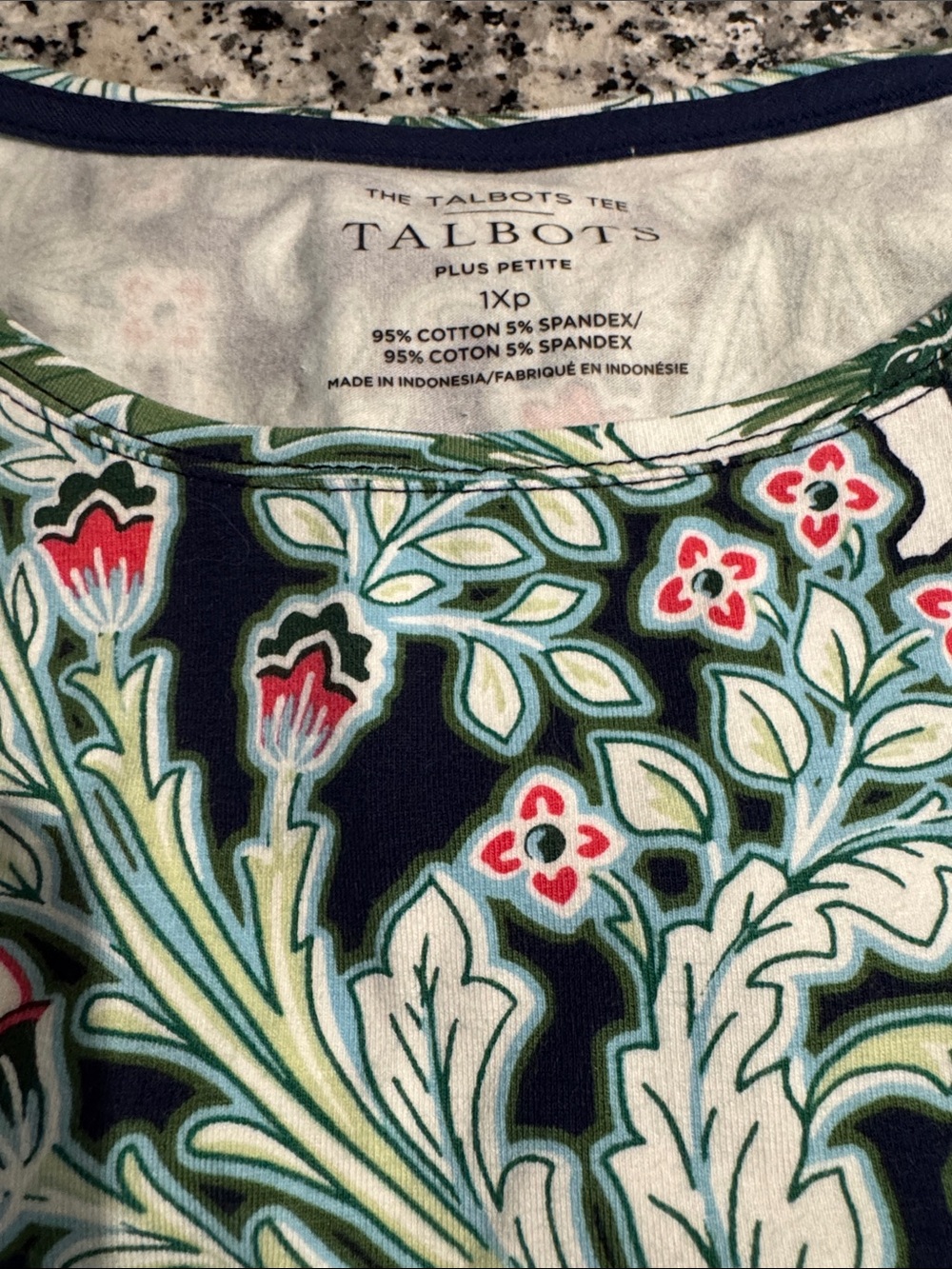 Talbots Plus Petite Navy Tee with Green and Red Floral Print